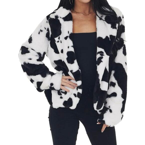 Bibi Boutique Cow Print Faux Fur Jacket Western Cozy Plush Layering Statement - Picture 2 of 11
